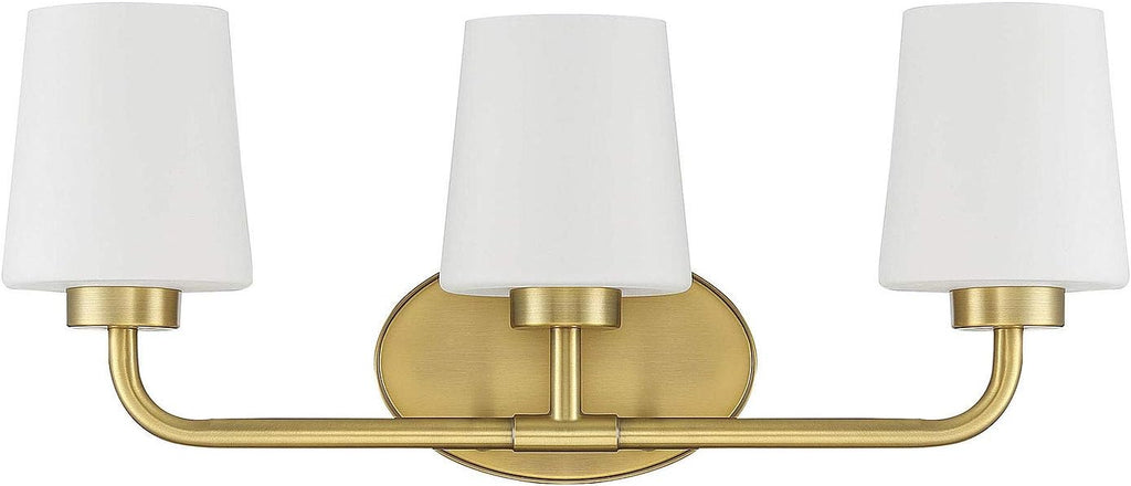 Savoy House 8-4090-3-322 Capra Mid-Century Modern White Opal Glass Bathroom Vanity Wall Light, 3-Light 180 Total Watts, 9' H x 22' W, Warm Brass