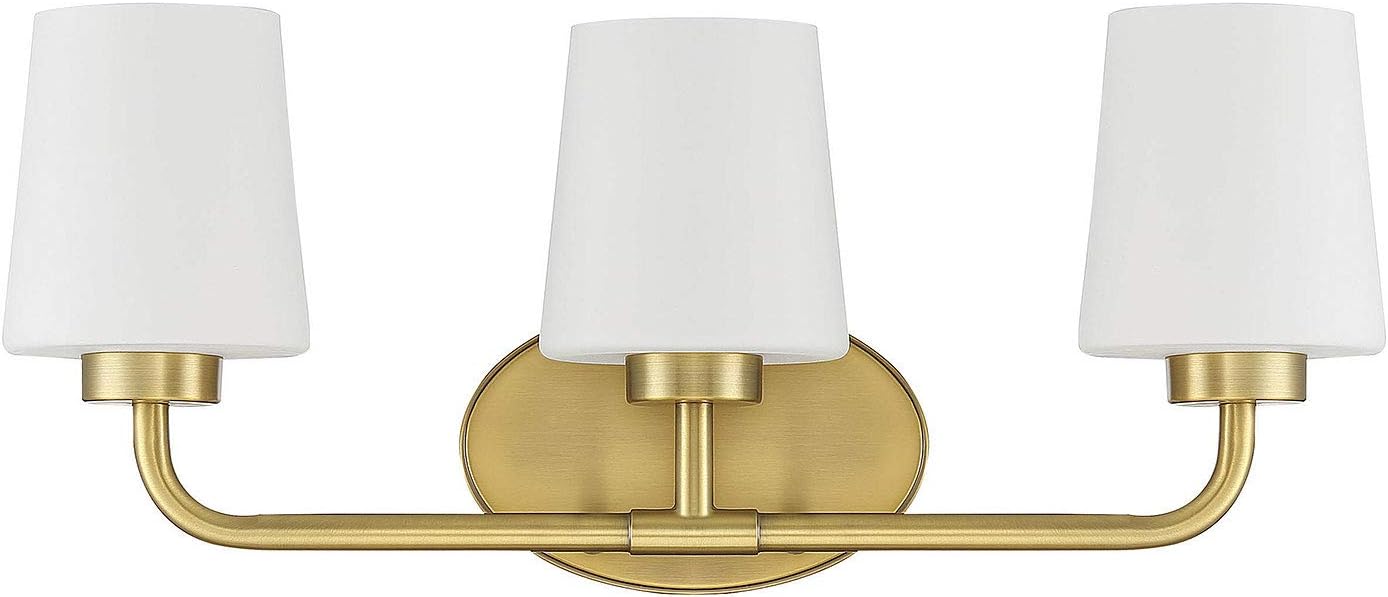 Savoy House 8-4090-3-322 Capra Mid-Century Modern White Opal Glass Bathroom Vanity Wall Light, 3-Light 180 Total Watts, 9' H x 22' W, Warm Brass