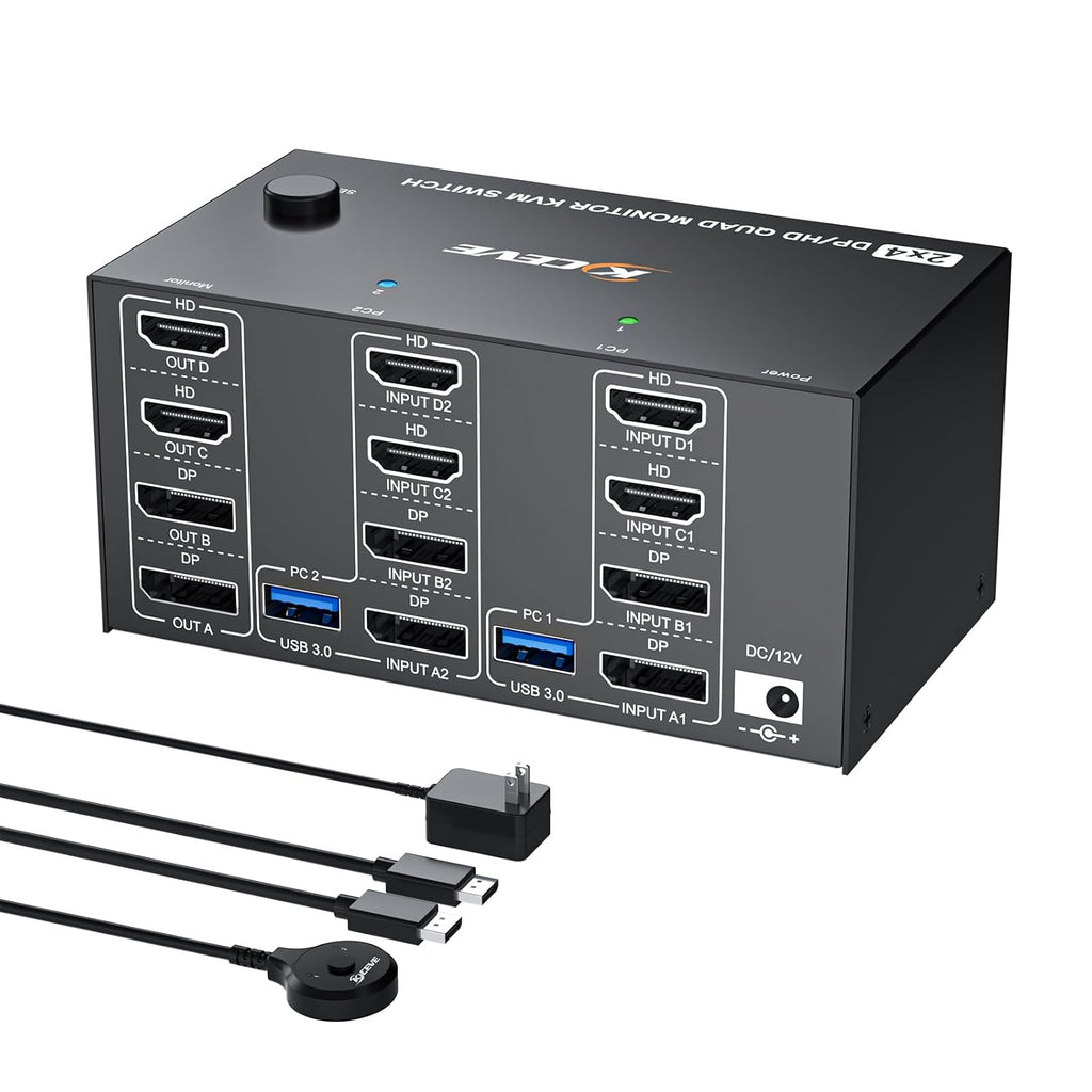 Quad Monitor KVM Switch 4 Monitors 2 Computers 4K120Hz/8K@30Hz,USB 3.0 KVM Switch Quad Monitor for 2 PC Share 4 Monitors and Keyboard and Mouse,with Wired Remote and USB Cables,Input 2 HD+2 DP Port