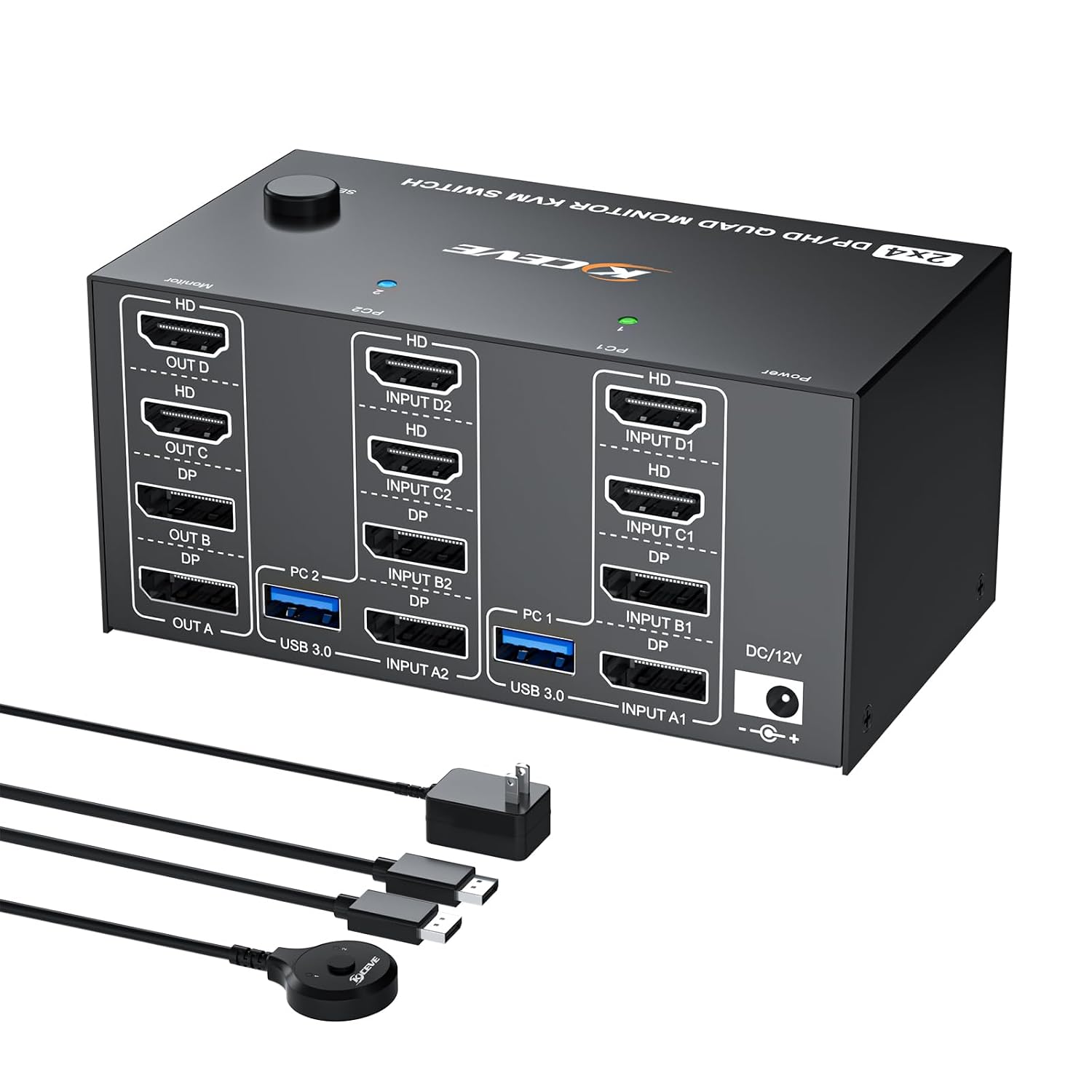 Quad Monitor KVM Switch 4 Monitors 2 Computers 4K120Hz/8K@30Hz,USB 3.0 KVM Switch Quad Monitor for 2 PC Share 4 Monitors and Keyboard and Mouse,with Wired Remote and USB Cables,Input 2 HD+2 DP Port
