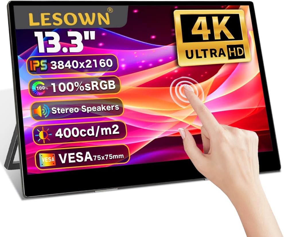 13.3 inch 4K 3840x2160 IPS Secondary Screen Portable Monitor 100% sRGB USB C HDMI Touch Small Computer Display for Gaming PC Laptop Drawing