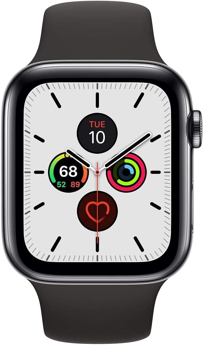 Apple Watch Series 5 (GPS + Cellular, 44MM) - Space Black Stainless Steel Case with Black Sport Band (Renewed)