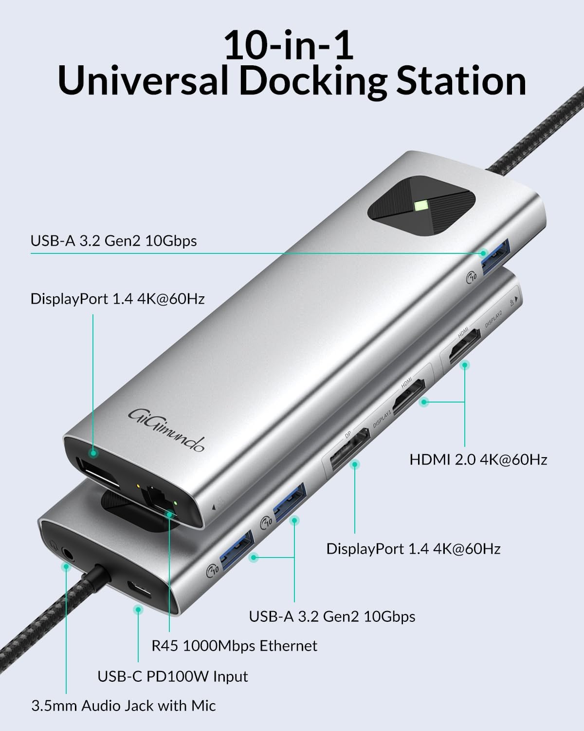 GiGimundo LK10 10 in 1 Laptop Docking Station Dual Monitor, USB C Hub Dual 4K@60Hz HDMI, 2 DP, 3 USB A, 100W PD, 1000Mbps Ethernet, 3.5MM Audio, USB Multiport C Adapter for MacBook/DELL/HP/Lenovo
