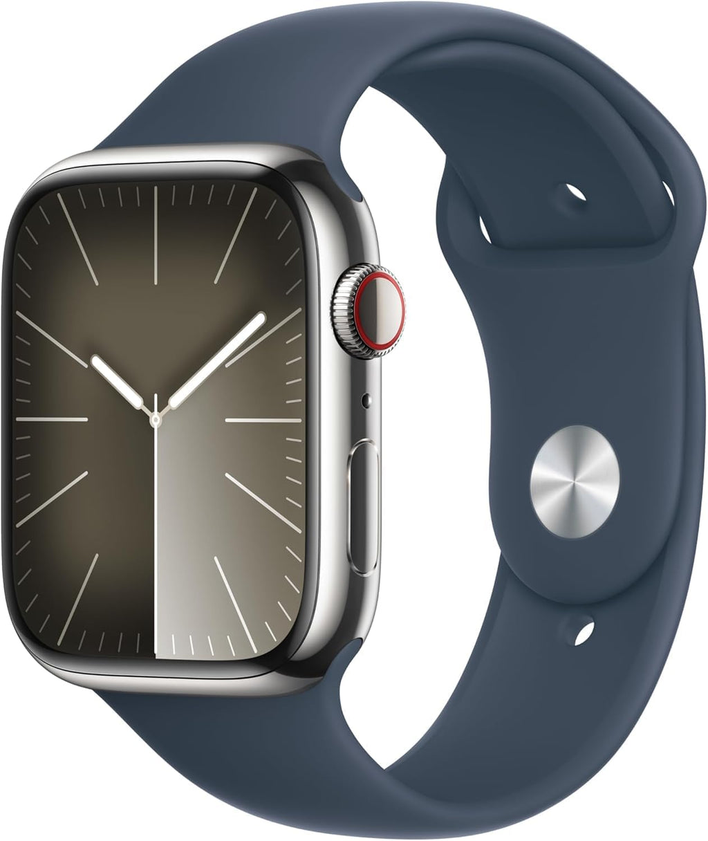 Apple Watch Series 9 [GPS + Cellular, 45mm] - Silver Stainless Steel Case with Storm Blue Sport Band, M/L (Renewed Premium)