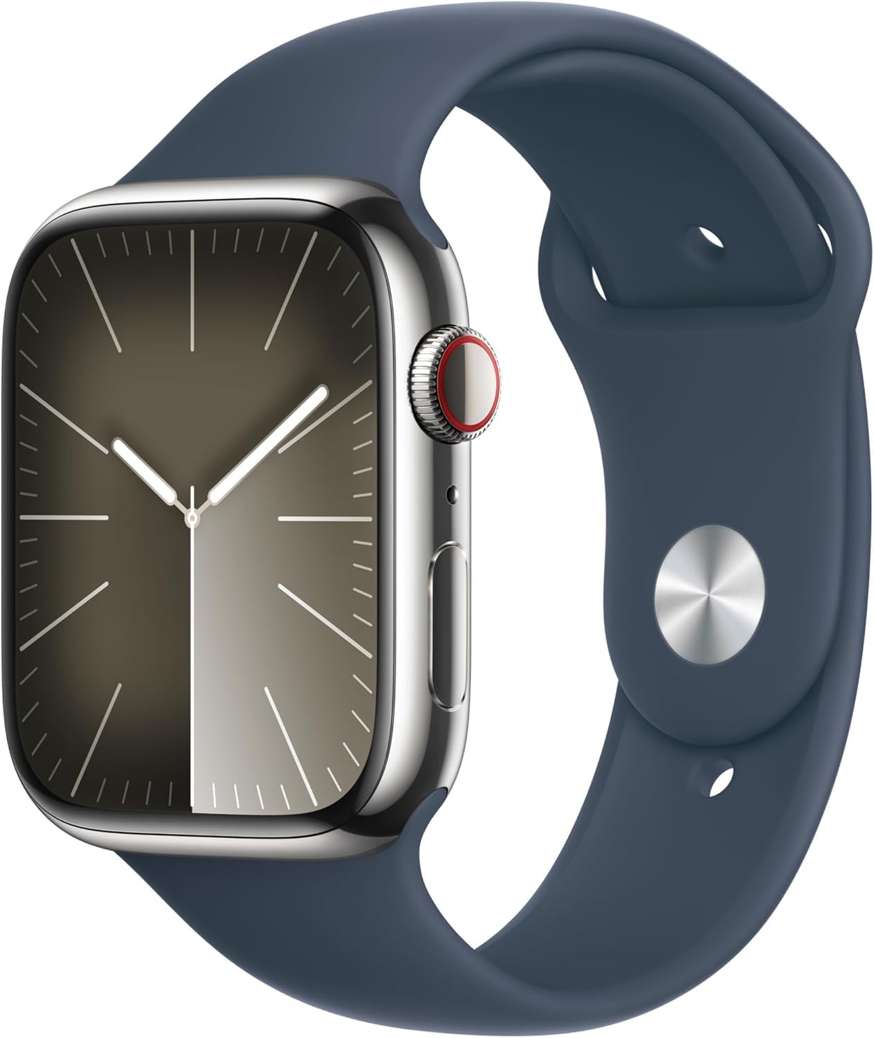 Apple Watch Series 9 [GPS + Cellular, 45mm] - Silver Stainless Steel Case with Storm Blue Sport Band, M/L (Renewed Premium)