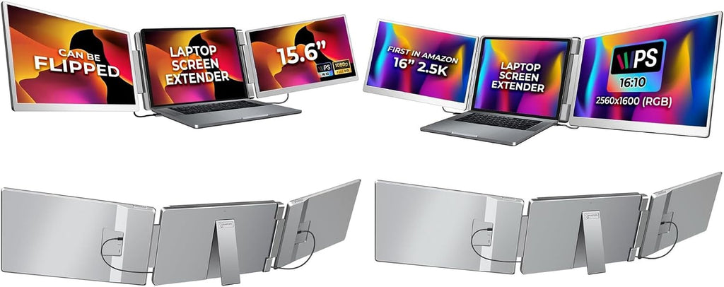 Triple Display Laptop Monitor Bundle – 16' QHD + 15.6' FHD Screen Extenders, Detachable Dual Monitors for 12-18.5' Laptops – Plug & Play, Works with Windows/Mac/Android/Chrome/PS
