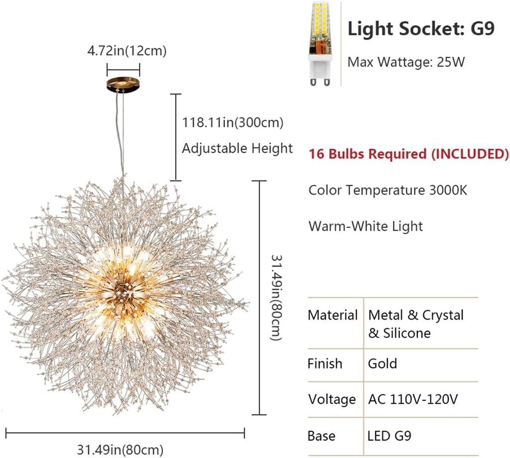 Gold Crystal Chandeliers Dandelion, 31.4' Steel Firework Chandelier Large Lighting, 16-Light Modern Sputnik Pendant Light Fixture for Living Room Bedroom