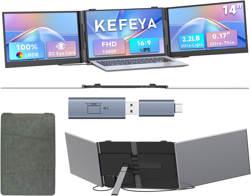 Triple Laptop Screen Extender 0.17' Ultra-Thin with H6 Hub, 14' 1080P FHD Portable Monitor for Laptops 13-17.3', Laptop Monitor Extender 2.2LB Lightest, USB-C HDMI Plug-Play for Work Travel macOS etc