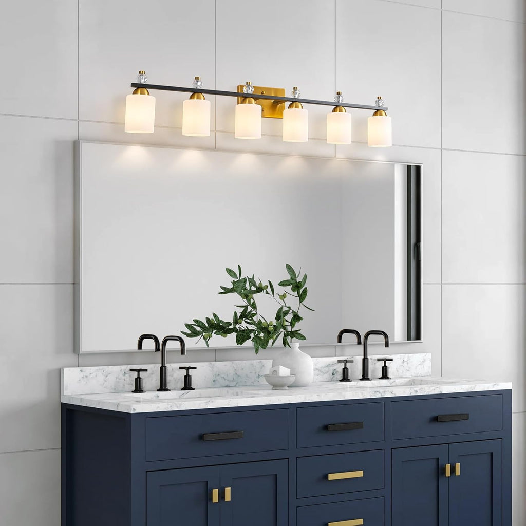White Glass Bathroom Vanity Light Fixtures 6 Light Mid Century Black Gold Vanity Light Over Mirror Modern Vanity Lights for Bathroom Mirror Hallway E26 Socket (Bulbs Not Included)