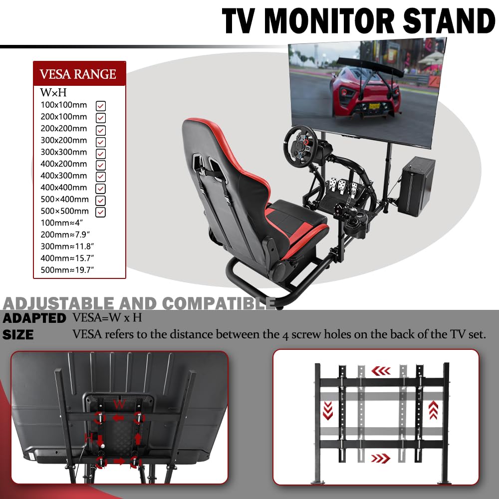 Supllueer Racing Cockpit Stand with Monitor Mount,Racing Wheel Stand with Red Seat Fit for Logitech G25 G27 G29 G920, for Thrustmaster T248, No Steering Wheel Shift Lever Pedal Display