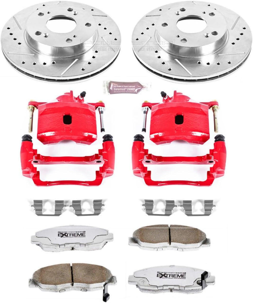 PowerStop Front Brake & Caliper Kit for Honda Civic 2006-11 - Drilled & Slotted Disc Rotors + Carbon-Fiber Ceramic Brake Pads + Red-Powder Coated Calipers, KC2384-26