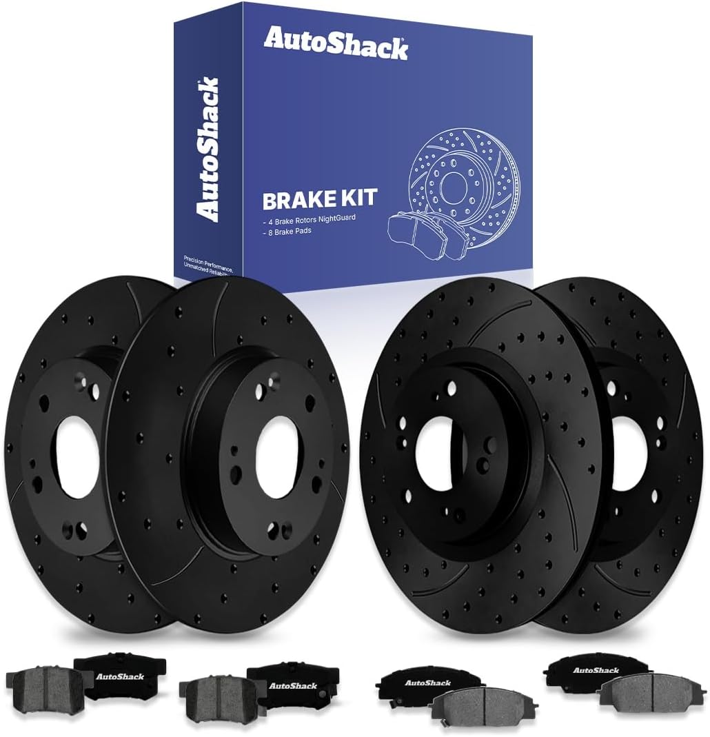 AutoShack Front & Rear Brake Rotors & Premium Pads for Honda & Acura, Civic 2006-2011 CSX 2007-2010, FWD L4 2.0L - E-Coated Drilled & Slotted - Black Finish - NightGuard