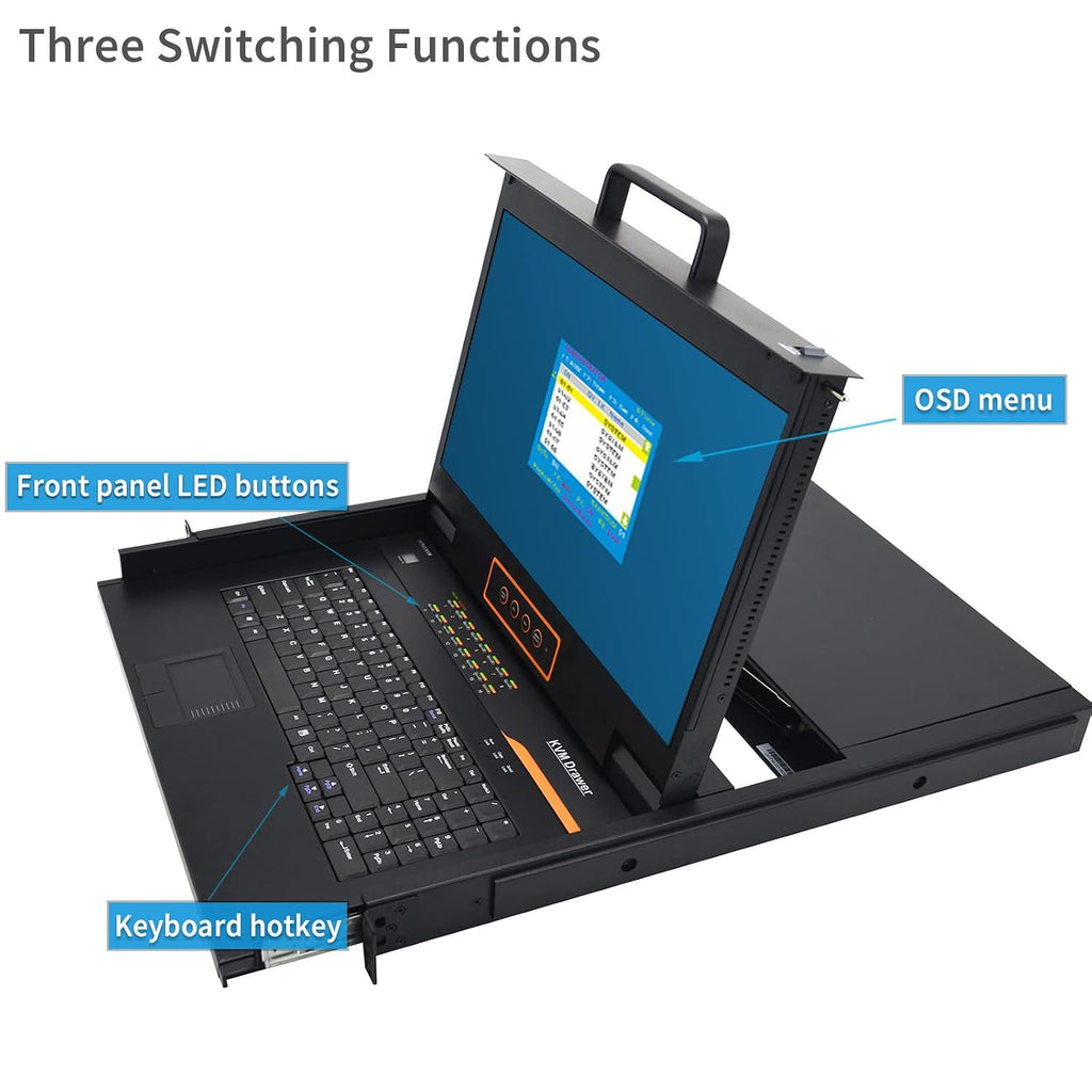 16 Port HDMI Rack Mount KVM Console 17.3-Inch 1080P with HDMI KVM Cables, Standard 1U Height KVM Switch Drawer+ Rackmount Monitor+ Keyboard+Touchpad, OSD/Hotkey/Button Switching, Fits 19'' Rack
