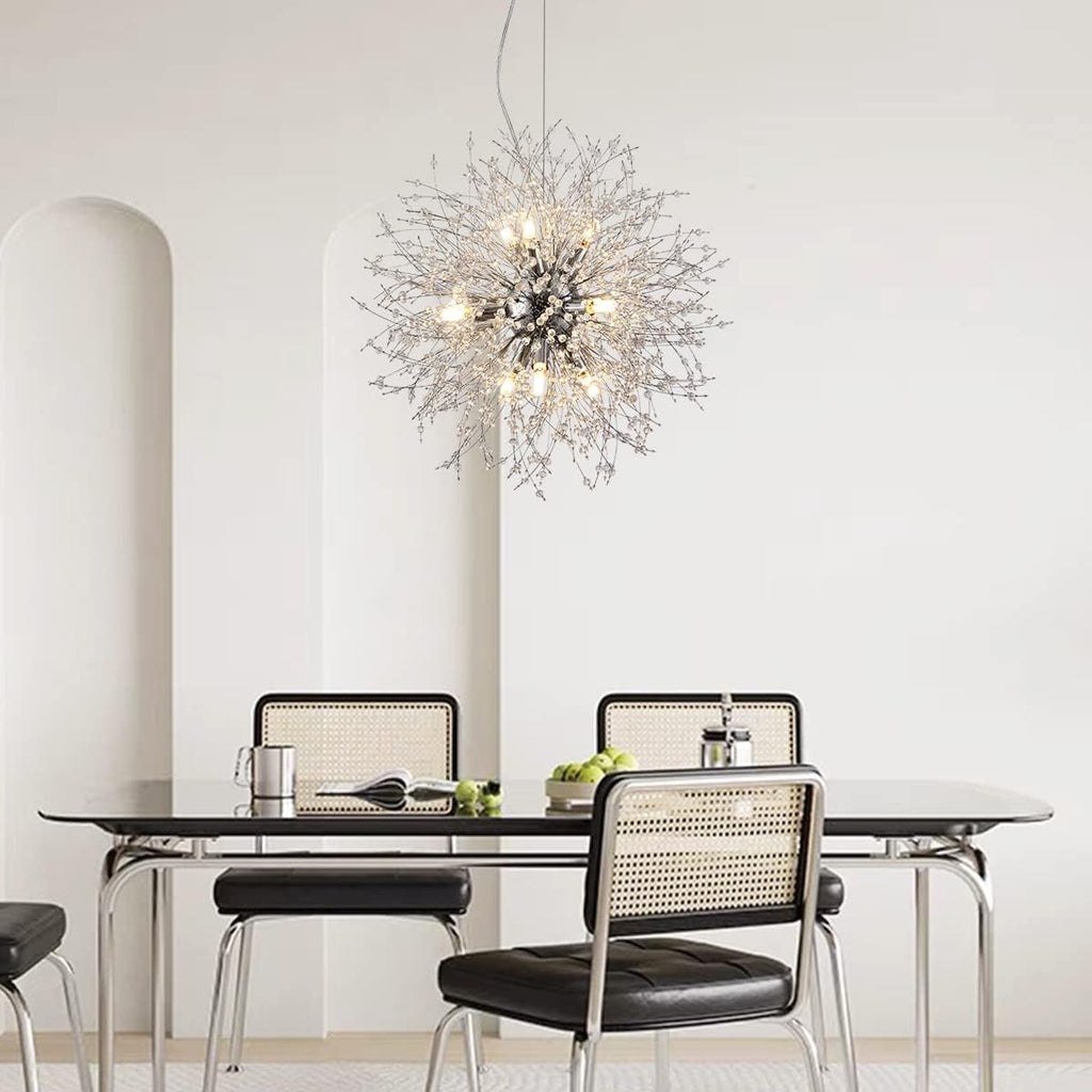 Firework Crystal Chandeliers, 9-Light Stainless Steel Dandelion Chandelier Chrome, 19.6' Modern Sputnik Pendant Lighting for Bedroom Dining Room