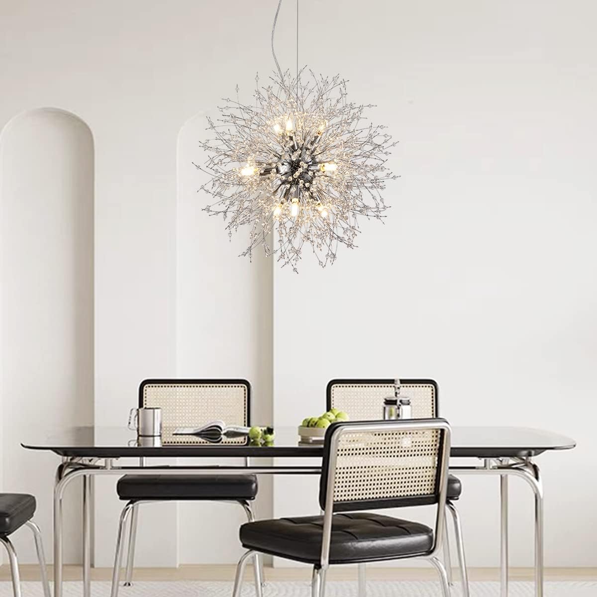 Firework Crystal Chandeliers, 9-Light Stainless Steel Dandelion Chandelier Chrome, 19.6' Modern Sputnik Pendant Lighting for Bedroom Dining Room
