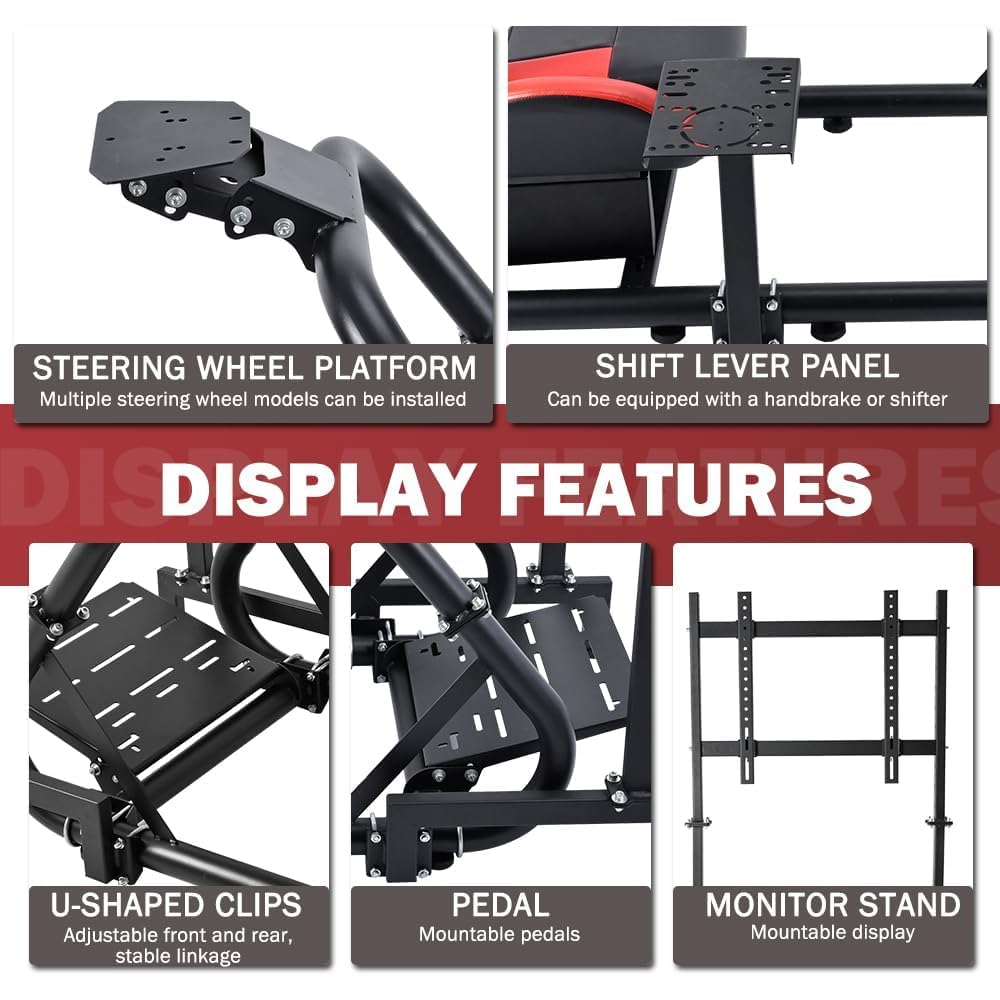 Supllueer Racing Cockpit Stand with Monitor Mount,Racing Wheel Stand with Red Seat Fit for Logitech G25 G27 G29 G920, for Thrustmaster T248, No Steering Wheel Shift Lever Pedal Display