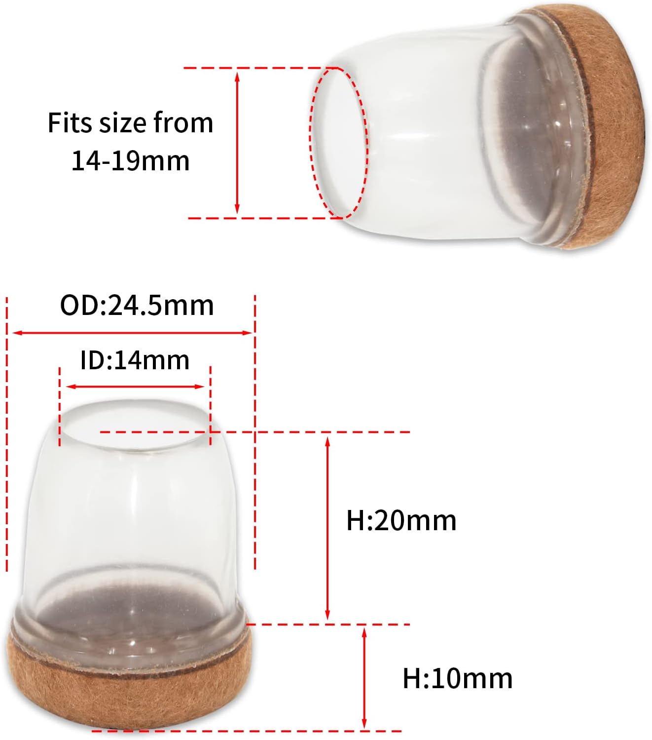Flyshop 48PCS Durable Silicone Round Small Chair Leg Cap with Felt Pads Furniture Floor Protectors, Reduce Noise, 14 to 19 mm (9/16' to 3/4'), Transparent