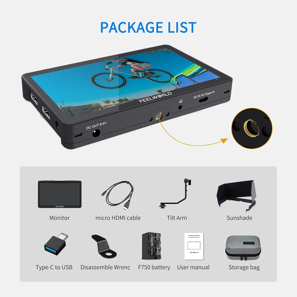 FEELWORLD Video Camera Monitor 6 Inch Touch Screen DSLR HDMI Field Monitor with F750 Battery 4400mAh + Bag IPS FHD1920x1080 4K HDMI Input Output 5 V Type c Input F5PROV4