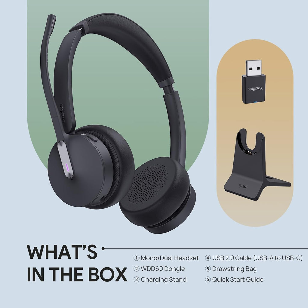 Yealink WH64 Hybrid Wireless Headset with Mic for Work, Mono Headset with Charge Stand, Bluetooth & DECT Dongle for PC/Computer/IP Phone/Cell Phones, Teams, Zoom, 492 ft Range, 26H Talk Time