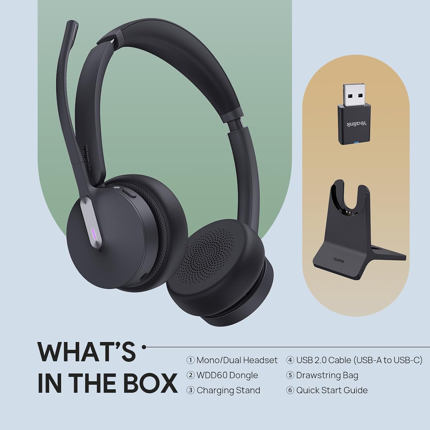 Yealink WH64 Hybrid Wireless Headset with Mic for Work, Mono Headset with Charge Stand, Bluetooth & DECT Dongle for PC/Computer/IP Phone/Cell Phones, Teams, Zoom, 492 ft Range, 26H Talk Time