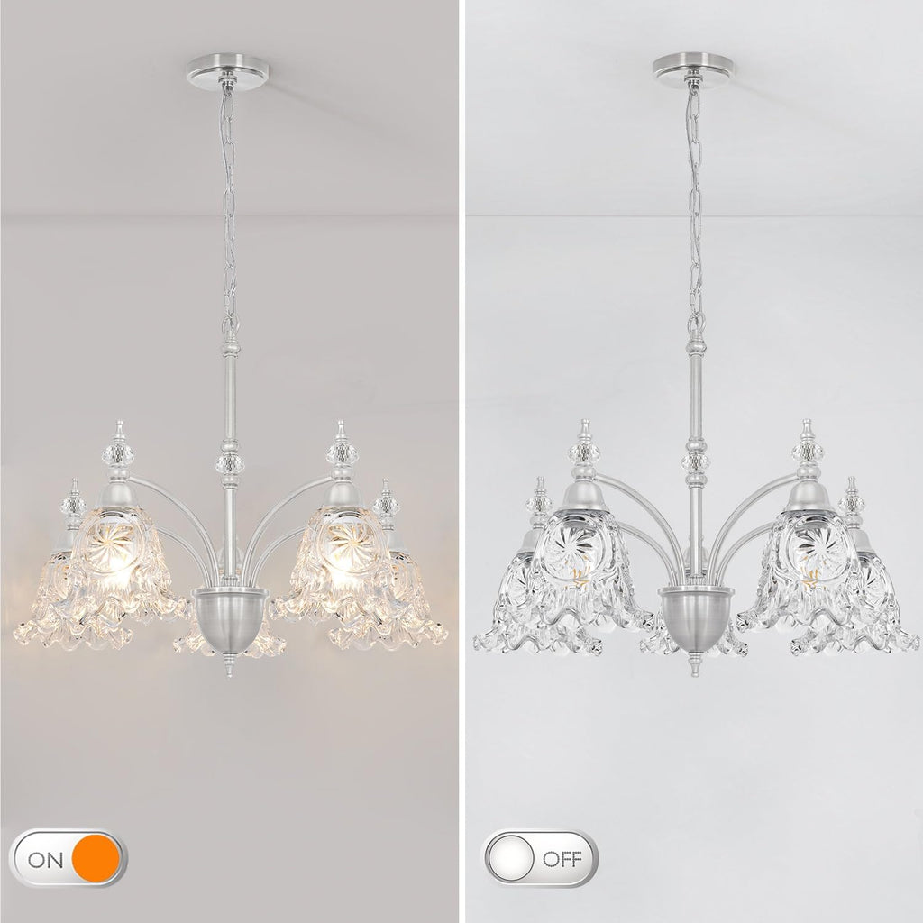 Vintage 5 Light Chandelier, Brushed Nickel Dining Room Light Fixtures Over Table, Farmhouse Glass Chandelier Ceiling Light Fixture for Kitchen, Dinning, Foyer, Bathroom, Living Room
