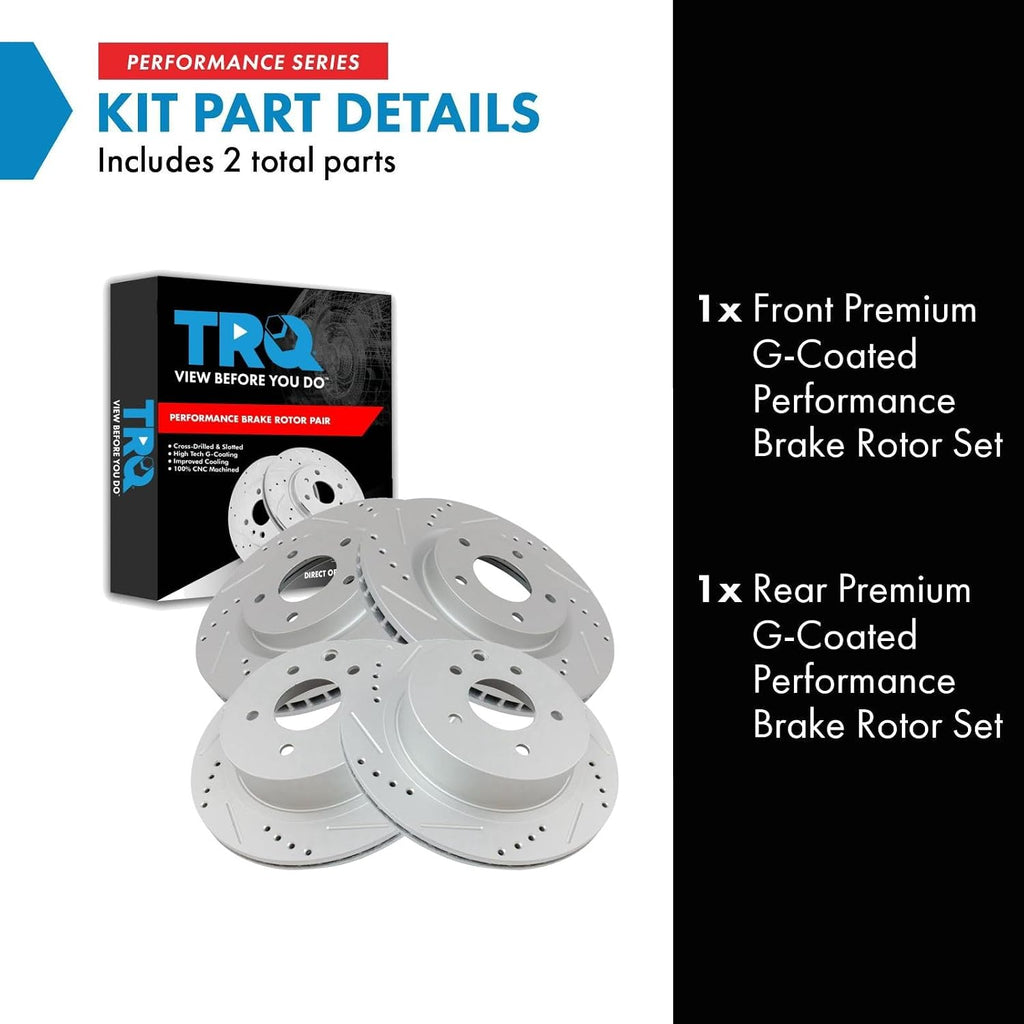 TRQ Performance Front and Rear Brake Rotor Set G Coated Drilled and Slotted Vented Compatible with 2008-2013 Nissan Rogue 2014-2015 Rogue Select