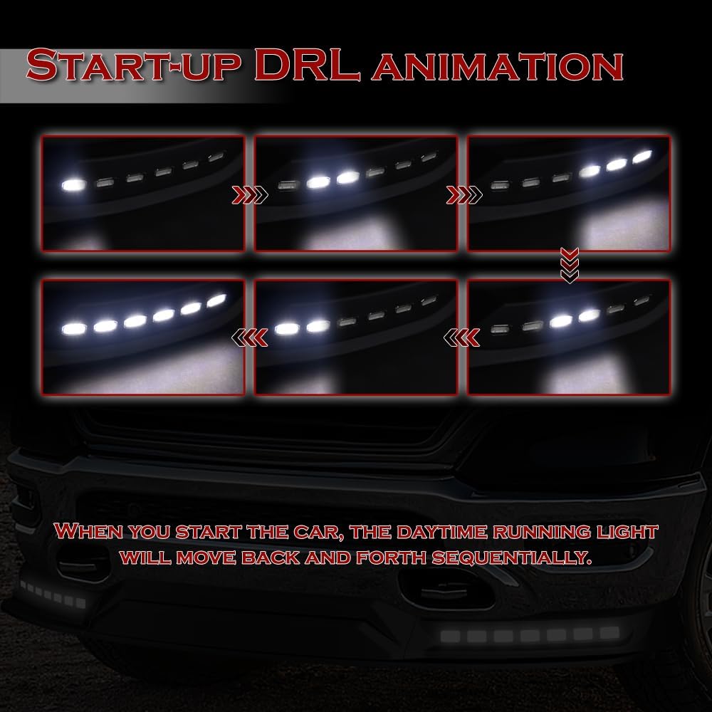Stay-Tuned, Unpainted Black ABS Plastic Front Bumper Lip Spoiler Body Kit+LED Sequential Running Lights, Fit for 2019-2024 Dodge Ram 1500, Auto Exterior Accessory, 3PC (+Running Light)
