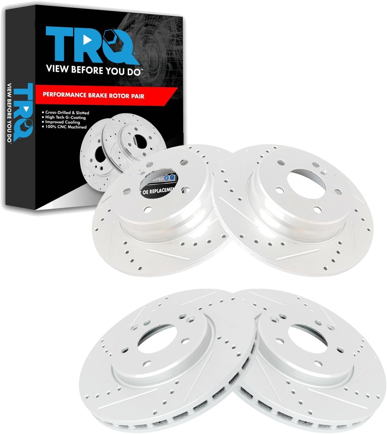 TRQ Performance Front & Rear Brake Rotors Set 4 Piece G-Coated Slotted X Drilled for 03-05 C240 06-07 C280 01-05 C320 C350 98-05 CLK320 06-09 CLK350 99-03 CLK430 98 E300 96-02 E320 98-02 E430
