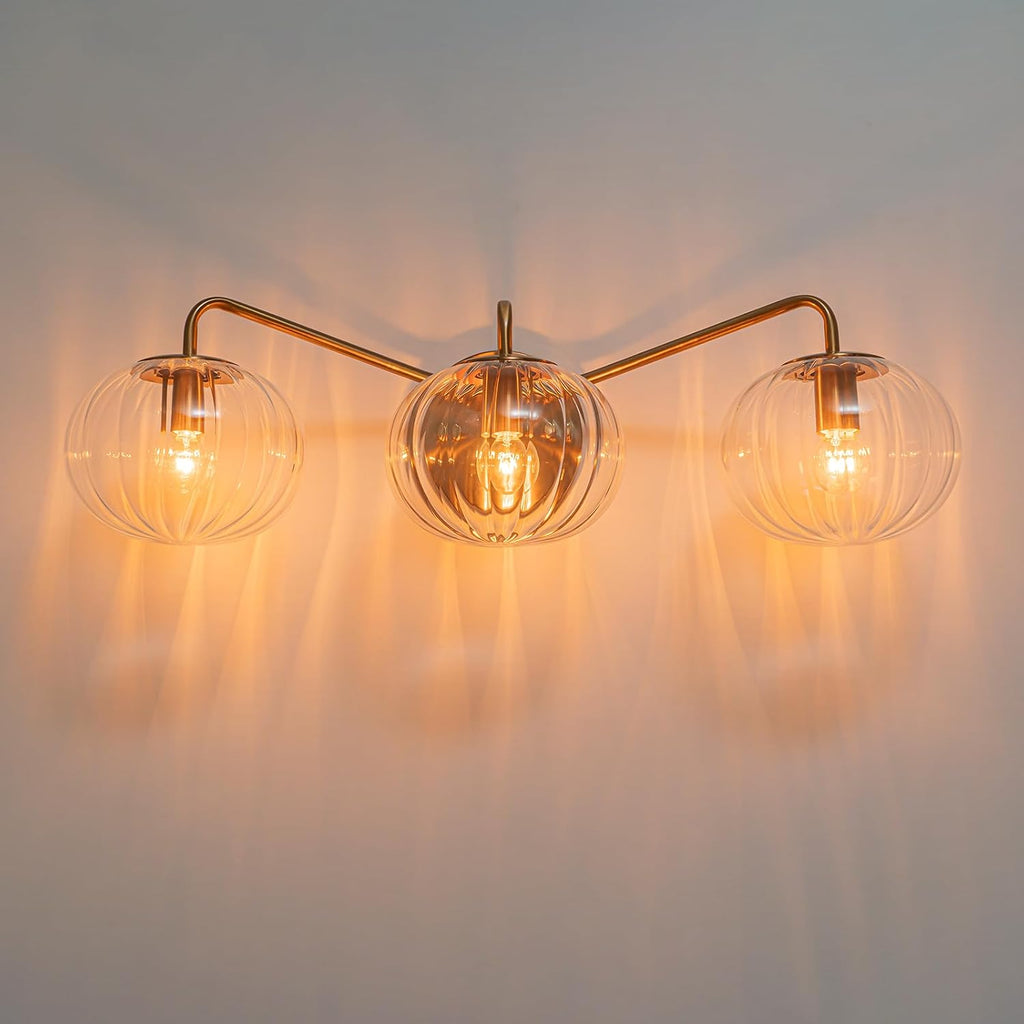 Lingkai Bathroom Light Fixtures,3 Lights Brushed Brass Vanity Light,Modern Wall Sconce with Clear Striped Glass Shade,Bathroom Vanity Lights Over Mirror for Hallway Picture Wall Lighting Living