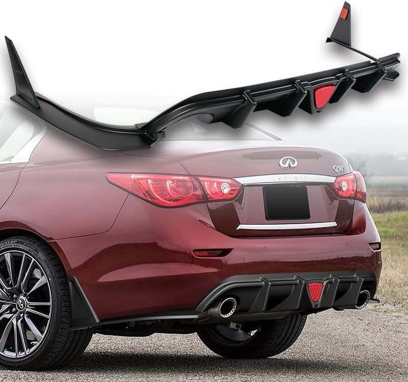 Stay-Tuned Rear Bumper Diffuser Spoiler Lip W/LED Brake Light Compatible with Infiniti Q50 2014 2015 2016 2017, Auto Body Kit Replacement Parts, Car Mods Exterior Accessories (Red Lens Brake Light)