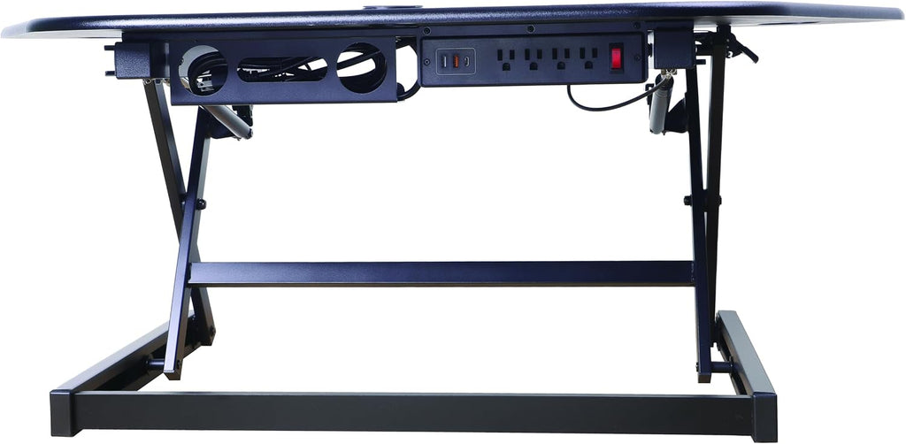 Rocelco 46' Height Adjustable Corner Standing Desk Converter with AC Outlet USB Charger and Dual Stand - Tabletop Computer Riser Workstation - Large Keyboard Tray - Black (R CADRB-46-ACUSB-DMS)
