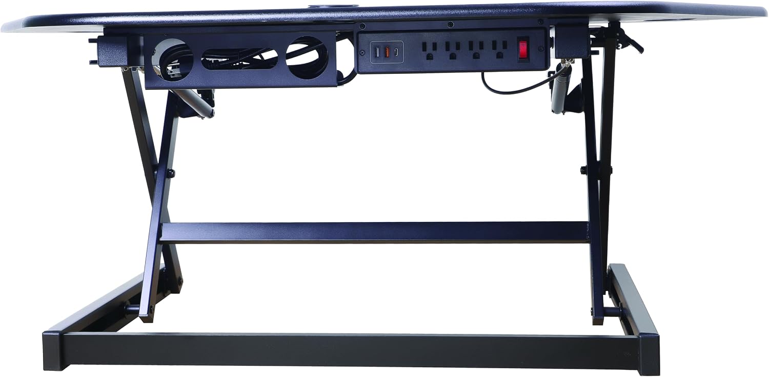 Rocelco 46' Height Adjustable Corner Standing Desk Converter with AC Outlet USB Charger and Dual Stand - Tabletop Computer Riser Workstation - Large Keyboard Tray - Black (R CADRB-46-ACUSB-DMS)