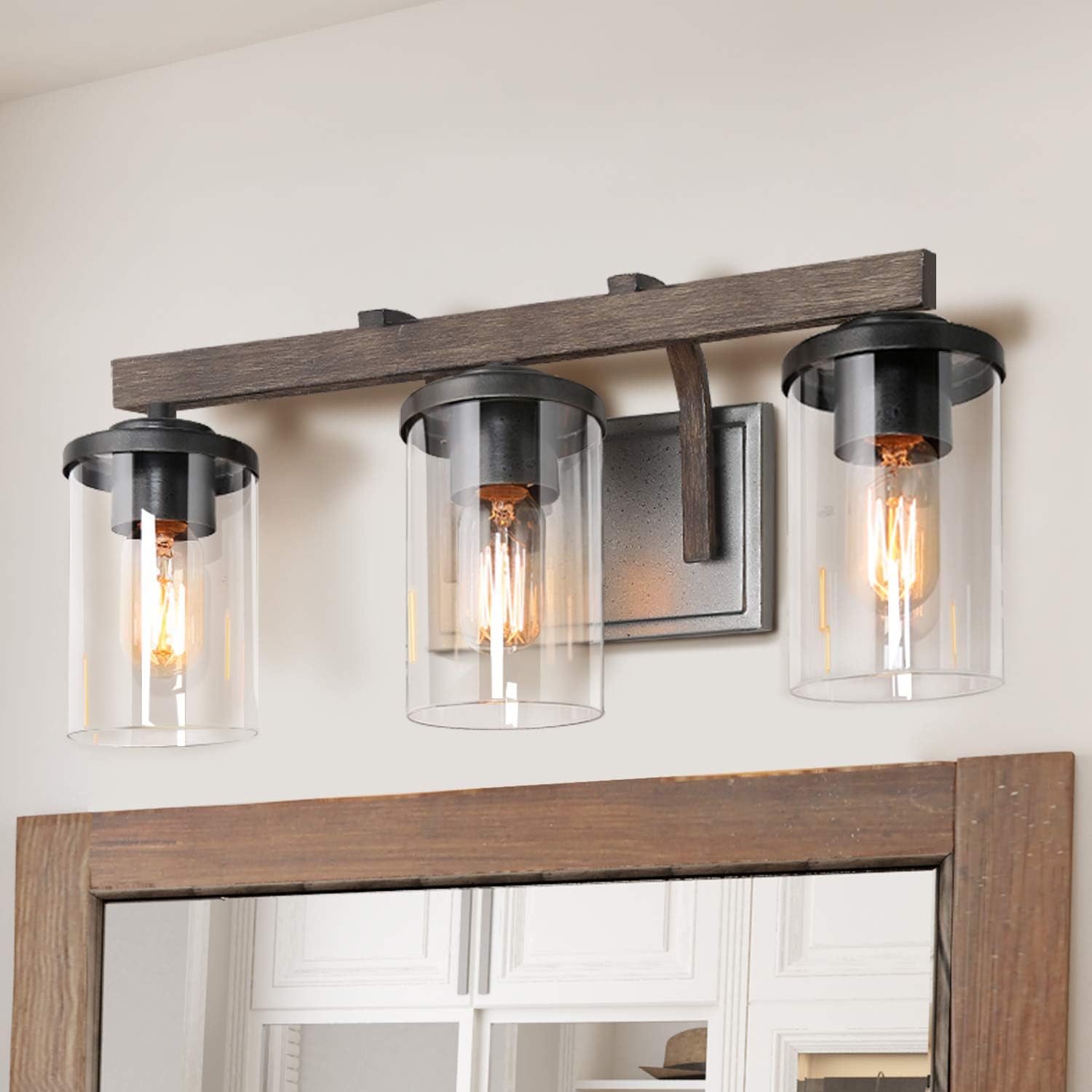 Farmhouse Bathroom Vanity Light Fixtures, Rustic Vanity Lighting with 3 Clear Glass, Wood Bathroom Fixture Over Mirror, L20' x H8.7' x W6.3'