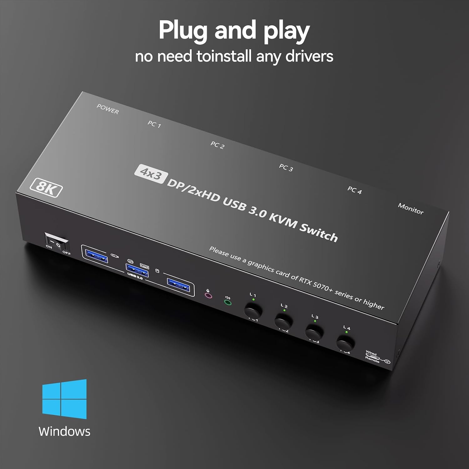 KVM Switch 3 Monitors 4 Computers with Audio, HDMI + DisplayPort 8K@30Hz/4k@144Hz DP KVM Switcher, USB 3.0 KVM Switches for 4 PC Share 3 Display, Suitable for Office/Work from Home, Programmer Setup