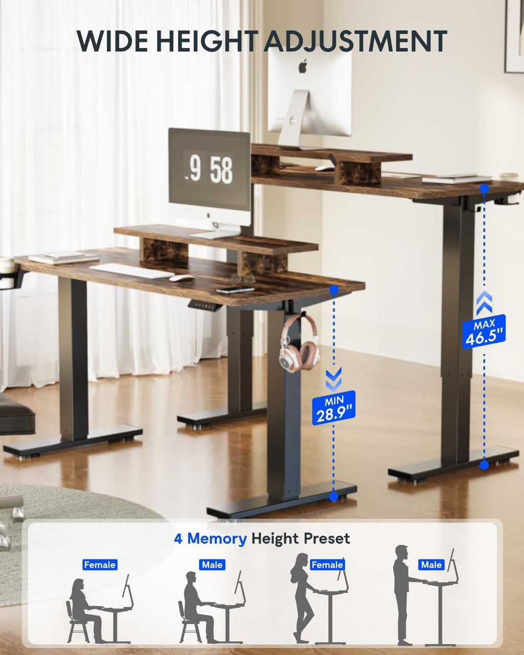 FLEXISPOT Standing Desk with Monitor Stand, 55 x 24 Inches One-Piece Electric Height Adjustable Computer Desk with Cup Holder for Home Office, Rustic