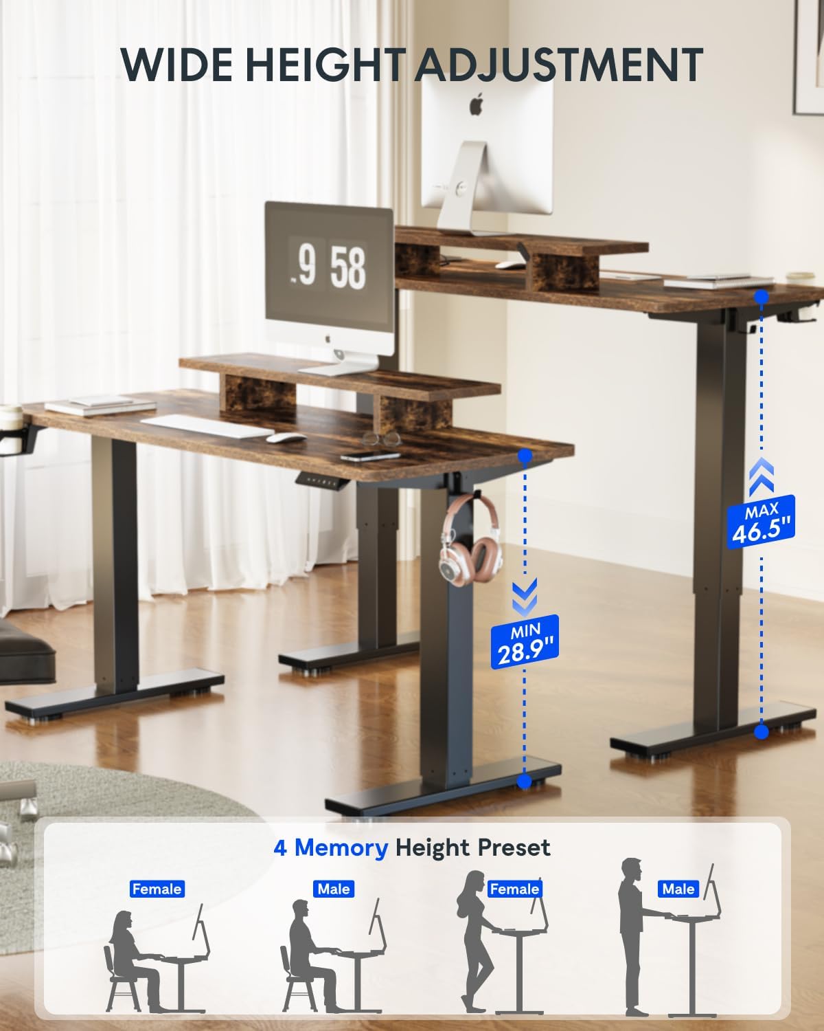 FLEXISPOT Standing Desk with Monitor Stand, 55 x 24 Inches One-Piece Electric Height Adjustable Computer Desk with Cup Holder for Home Office, Rustic