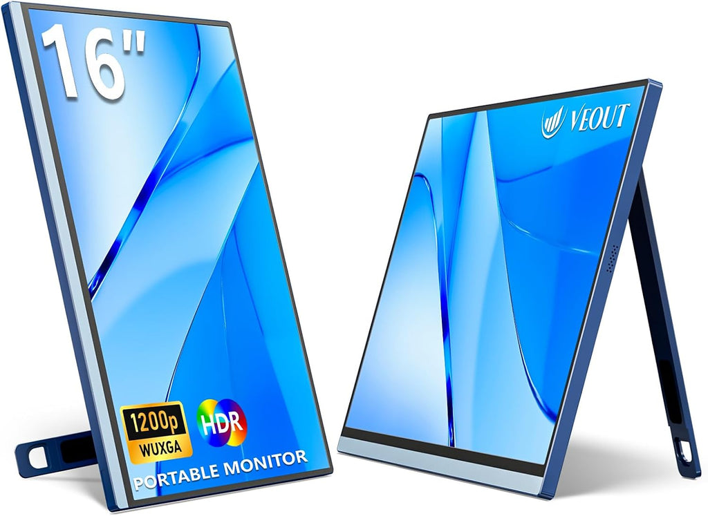 Veout Portable Monitor 16' 1200P FHD Dual USB-C/HDMI Ultra-Slim Travel Monitor with Kickstand & Speakers, 16:10 IPS External Second Screen Compatible with Laptop, Mini PC, MacBook, PS, Switch