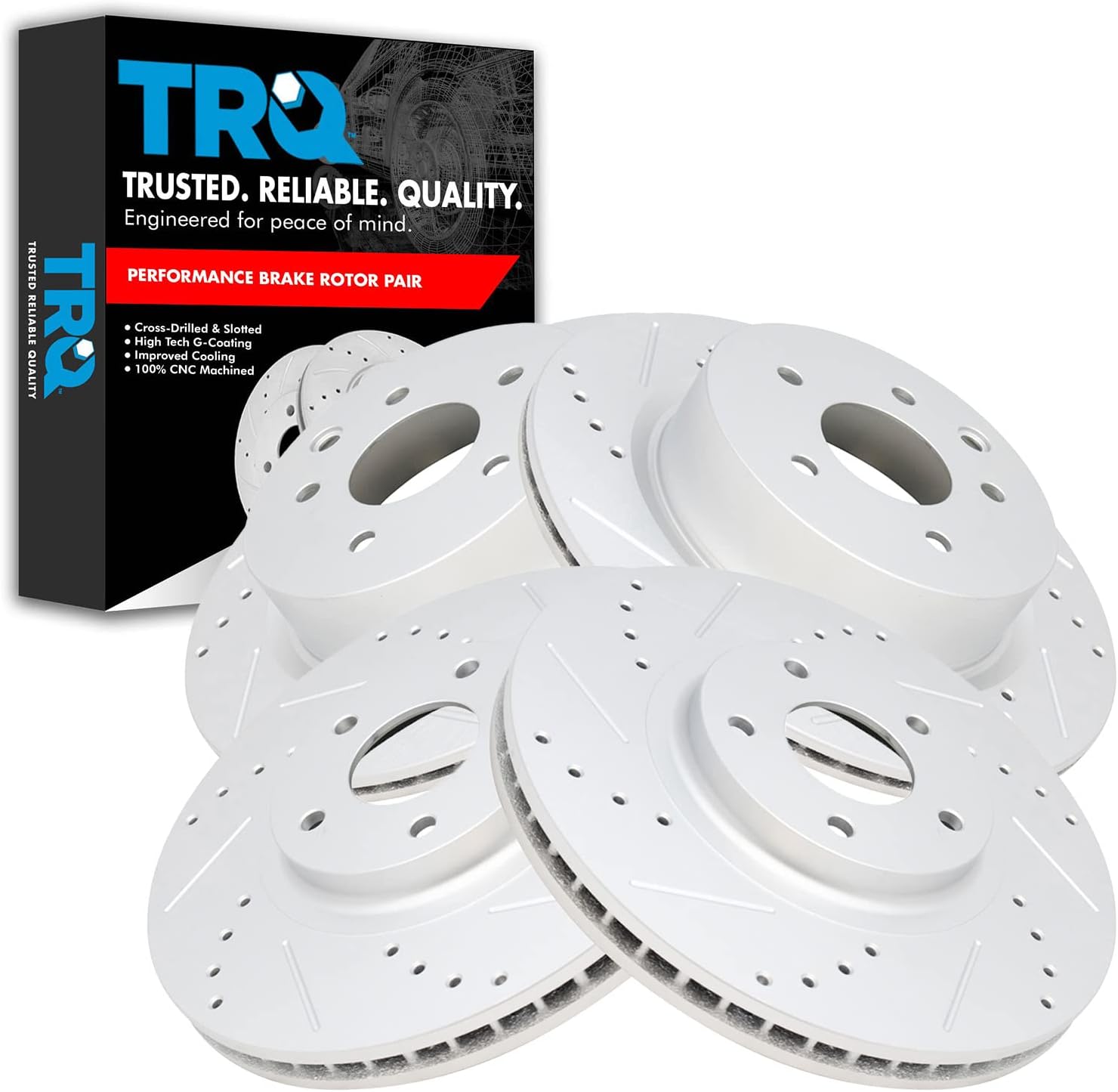 TRQ Performance Front Rear Brake Rotor Set Drilled Slotted Vented G Coated Compatible with 08-12 Infiniti EX35 2013 EX37 11-12 G25 05-08 G35 06-10 M45 06-08 Nissan 350Z 09-20 370Z