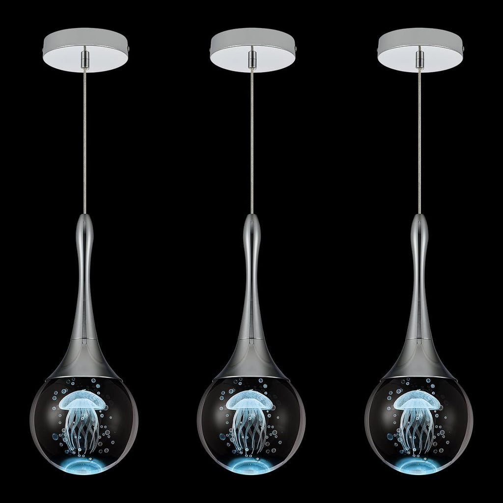 LED Pendant Light Kitchen Island Jellyfish Crystal Pendant Lights Dimmable Chrome Modern Hanging Light for Bedroom Bathroom Living Room 6000K Cool White, 3 Pack