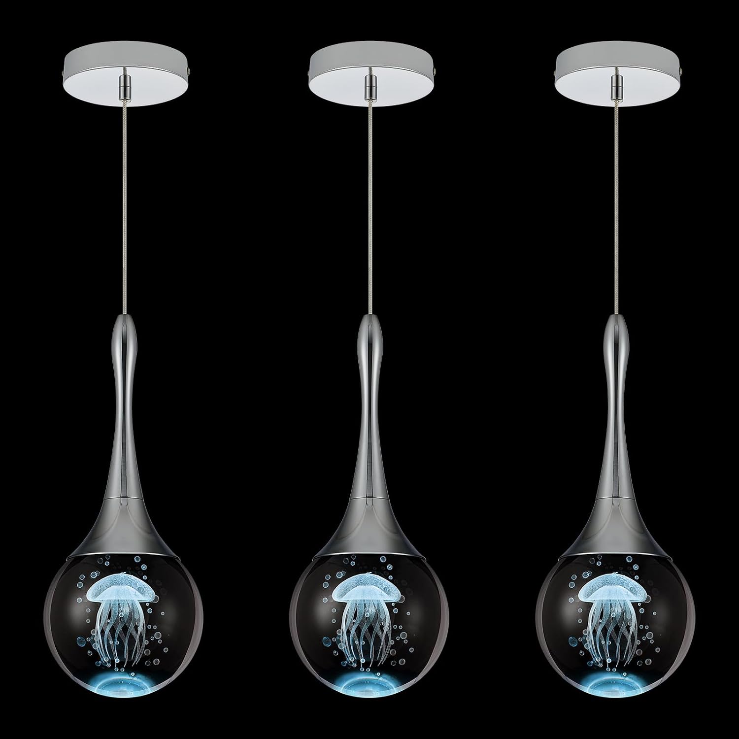 LED Pendant Light Kitchen Island Jellyfish Crystal Pendant Lights Dimmable Chrome Modern Hanging Light for Bedroom Bathroom Living Room 6000K Cool White, 3 Pack