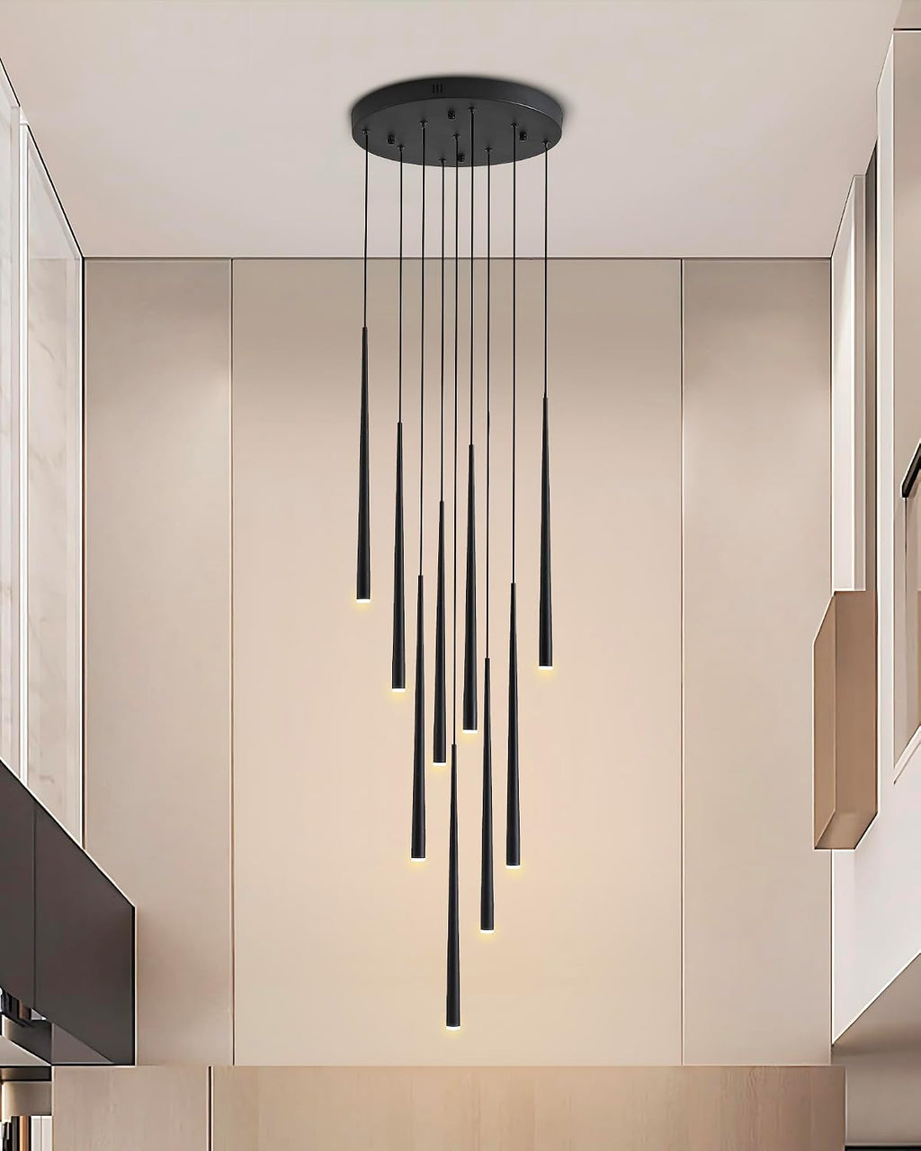 9-Light LED High Ceiling Chandelier, Modern Black Long Linear Pendant Chandelier for Staircase Entryway Foyer, Large Dimmable Hanging Light with 3 Color Temperatures