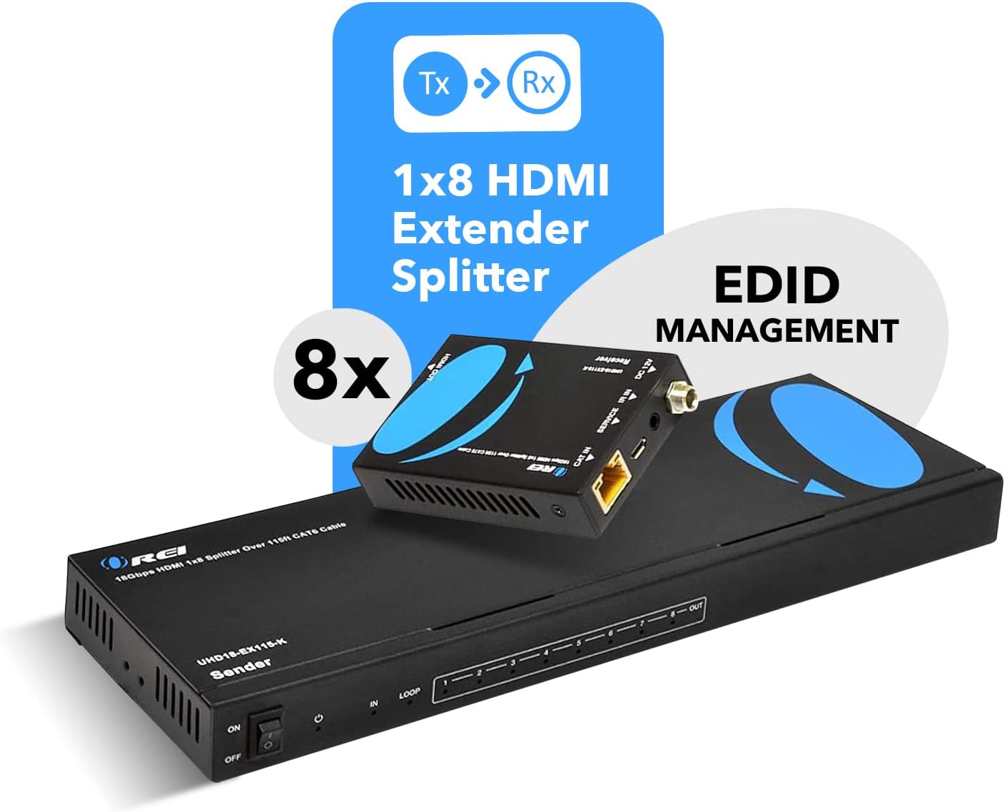 OREI 1x8 HDMI Extender Splitter 4K, Multiple Over Single Cable CAT6/7 4K@60Hz 4:4:4 HDCP 2.2 with IR Remote EDID Management - Up to 115 Ft - Loop Out - Low Latency - Full Support