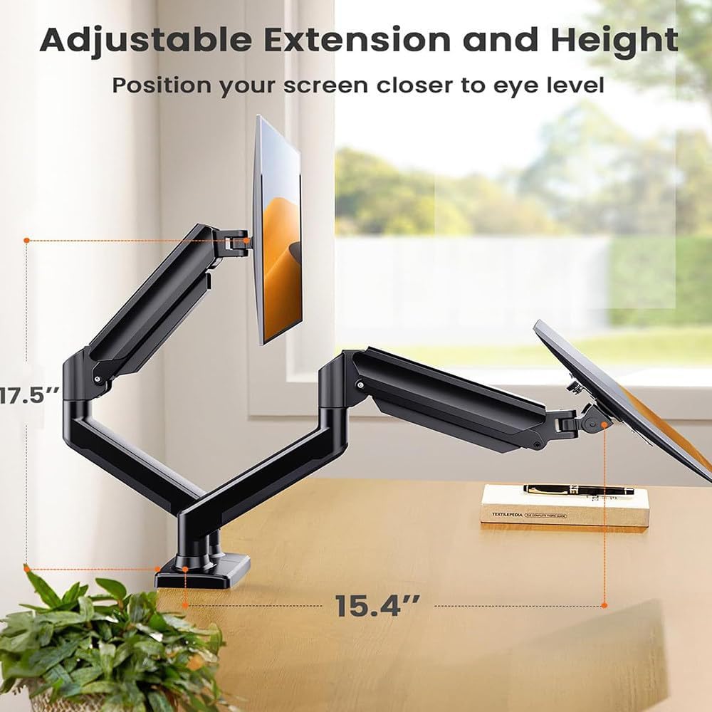 Adjustable Dual-Screen Monitor Stand,13-32 Inch Screen,Pneumatic Spring,360° Rotation,2 Installation Method,Vesa Mount,22lbs Load Capacity,Flexible Adjustment,Black