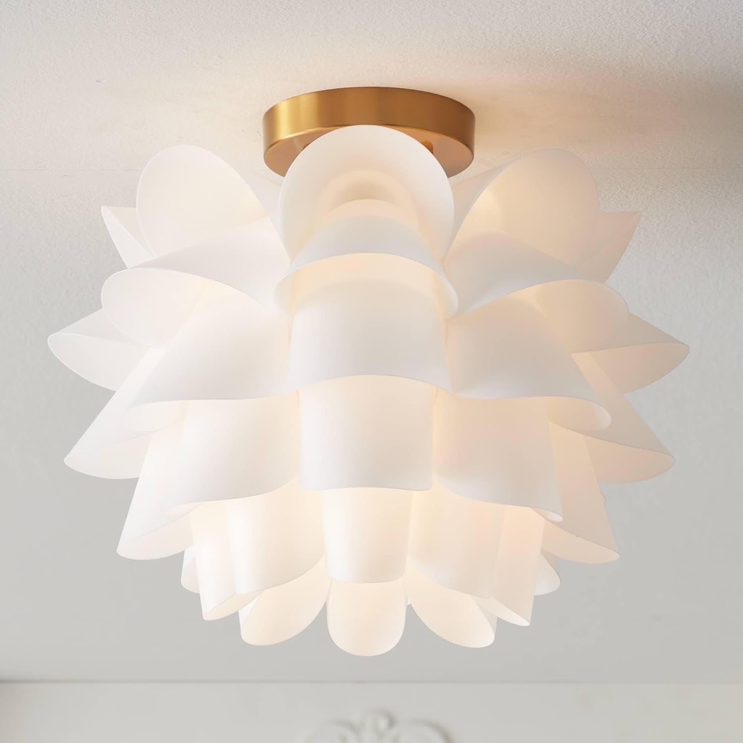 Possini Euro Design Mid Century Modern Glam Close to Ceiling Light Semi Flush Mount Fixture White Flower Gold Metal 15 3/4' Wide for House Bedroom Hallway Living Room Bathroom Dining Kitchen