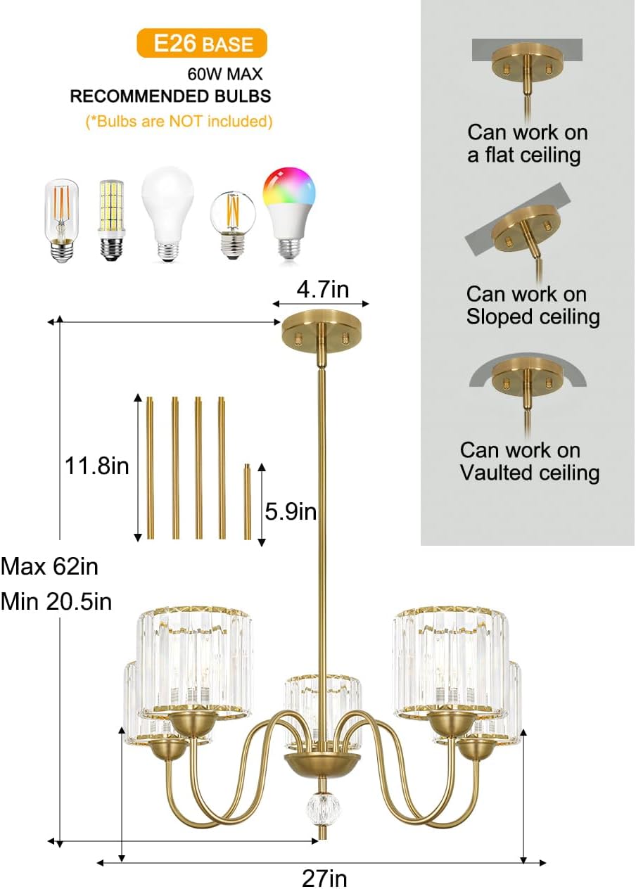 Lxybcce 27'' Gold Chandeliers for Dining Room, 5 Light Modern Chandelier Light Fixture with Crystal Shade, Chandelier Ceiling Light Fixture, Kitchen Pendant Lights Over Table for Living Room Entryway