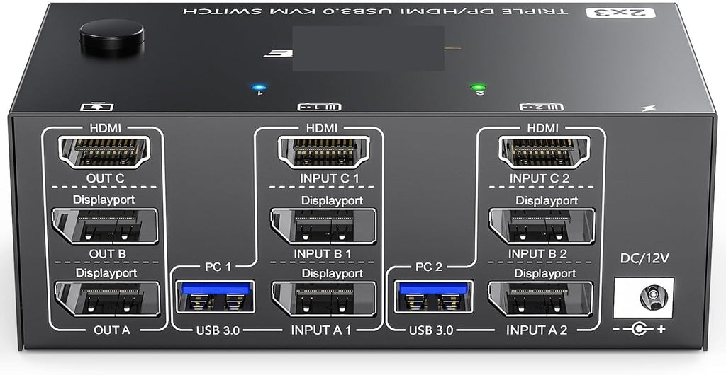 KVM Switch 3 Monitors 2 Computers 8K@60Hz 4K@144Hz, HDMI+2 Displayport KVM Switch Triple Monitor for 2 Computer Share(203DH EU)