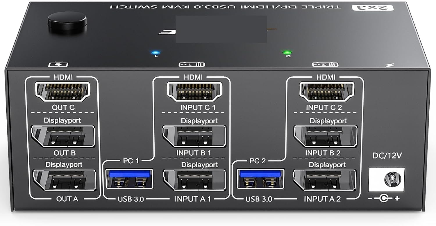 KVM Switch 3 Monitors 2 Computers 8K@60Hz 4K@144Hz, HDMI+2 Displayport KVM Switch Triple Monitor for 2 Computer Share(203DH EU)