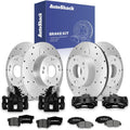 AutoShack Front & Rear Brake Rotors, Premium Pads & Black Calipers for Honda, Civic 2006-2011, FWD L4 1.8L - Silver Zinc Coated Drilled & Slotted - SilverShield Pro