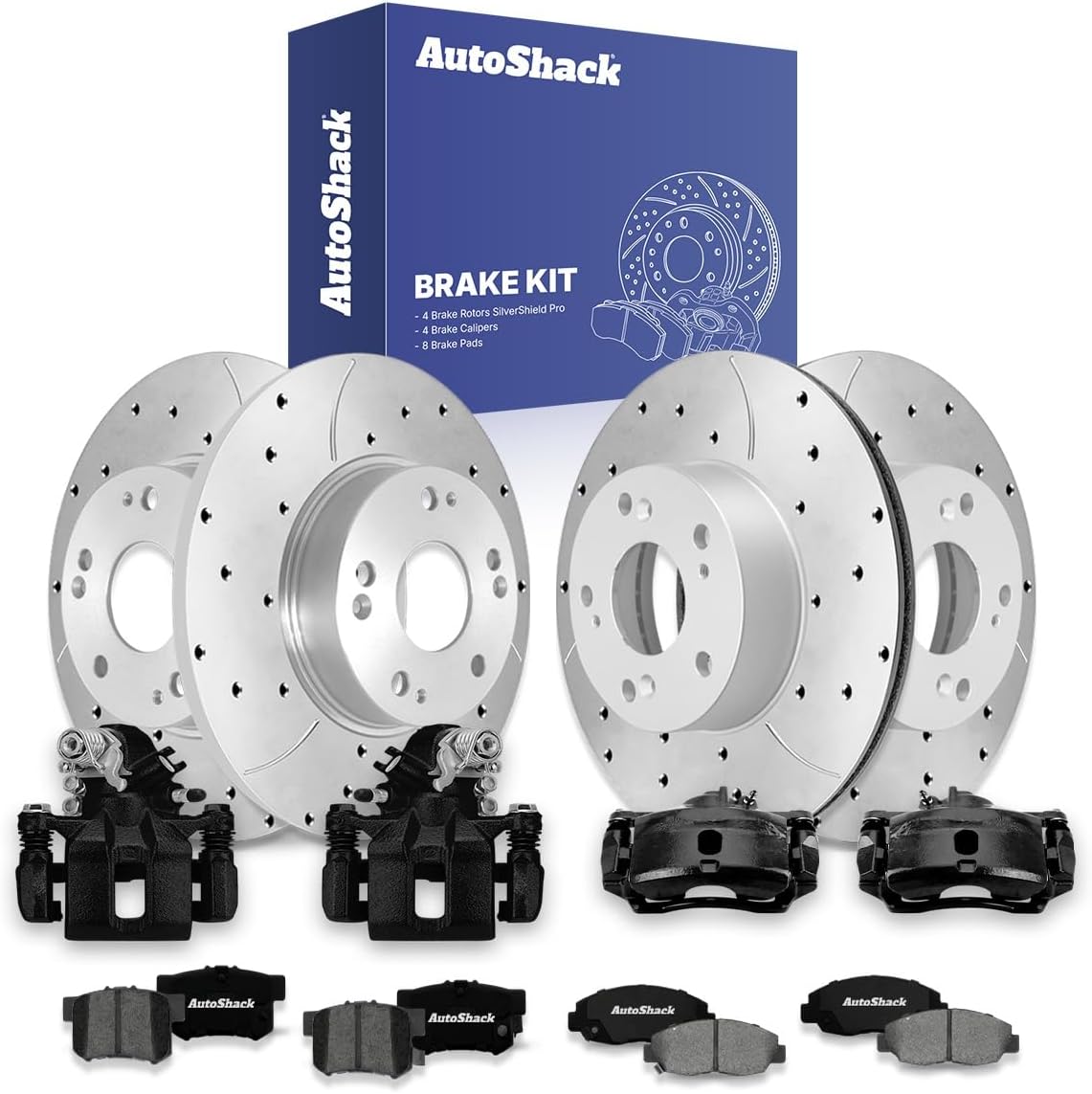 AutoShack Front & Rear Brake Rotors, Premium Pads & Black Calipers for Honda, Civic 2006-2011, FWD L4 1.8L - Silver Zinc Coated Drilled & Slotted - SilverShield Pro