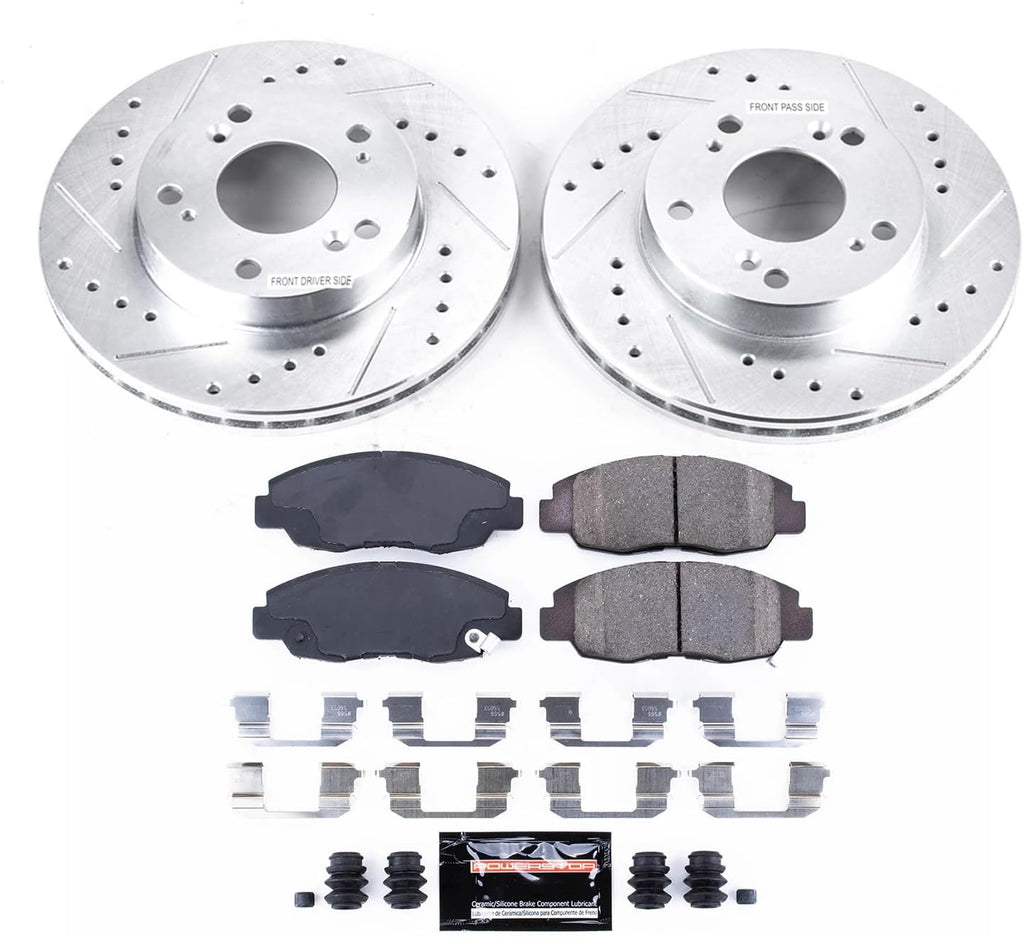 PowerStop Front Brake Kit for Honda Civic 2006-11 - Drilled and Slotted Disc Rotors with Carbon-Fiber Ceramic Brake Pads Replacement, K2384